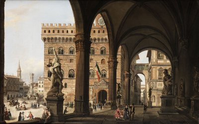 Blick von der Loggia dei Lanzi zum Palazzo della Signoria i Florenz av Unknown